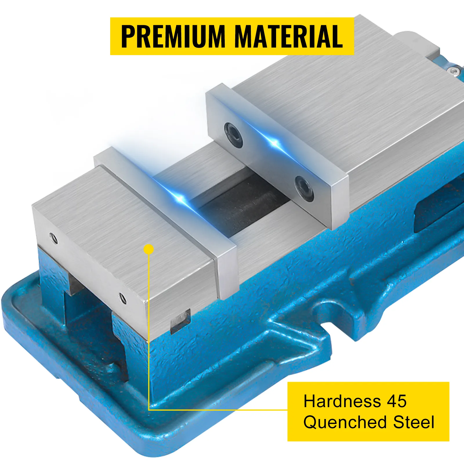 VEVOR milling vise with premium quenched steel jaws and blue base.