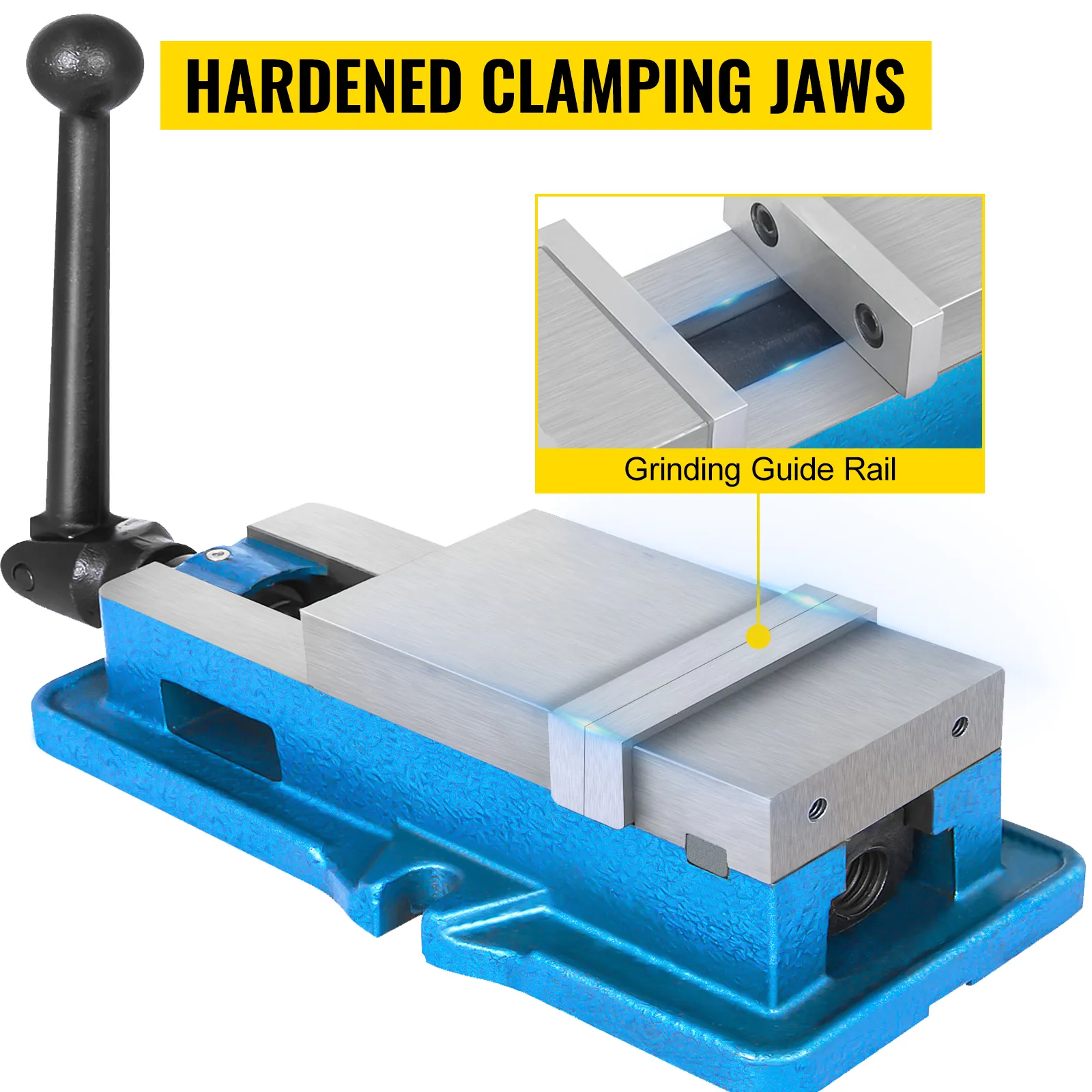 VEVOR milling vise with hardened clamping jaws and grinding guide rail.
