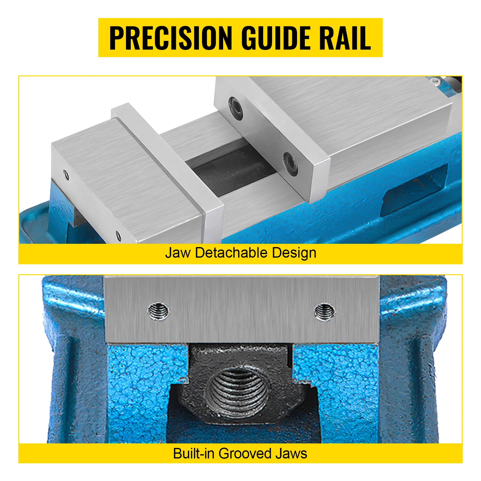 VEVOR milling vise with detachable jaw design and built-in grooved jaws.