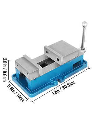 VEVOR milling vise with dimensions 12in x 5.6in x 3.8in on a blue base.
