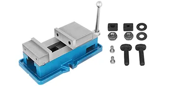 VEVOR milling vise with handle, bolts, nuts, and washers on a white background.