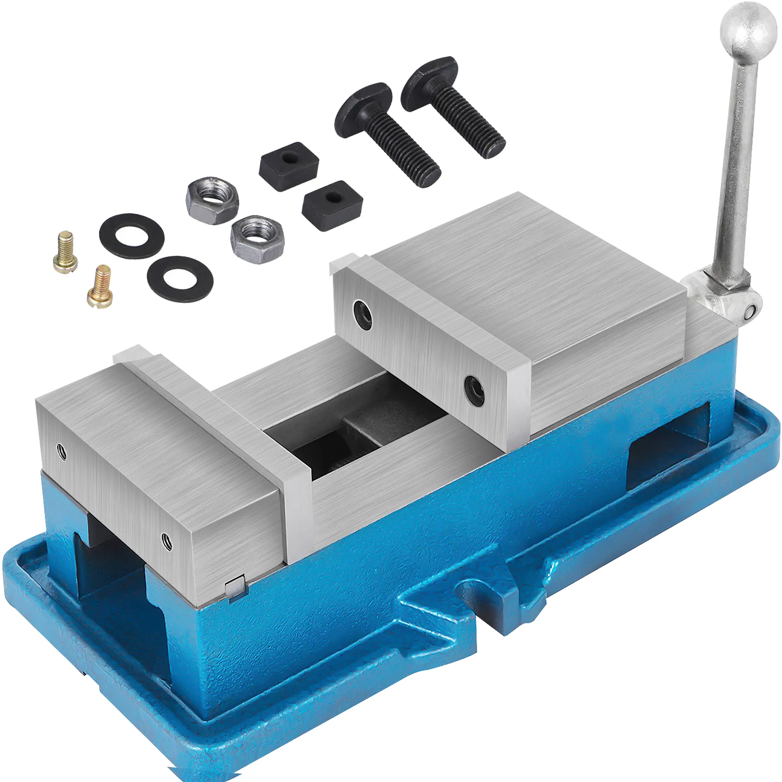 VEVOR milling vise with mounting hardware and handle.