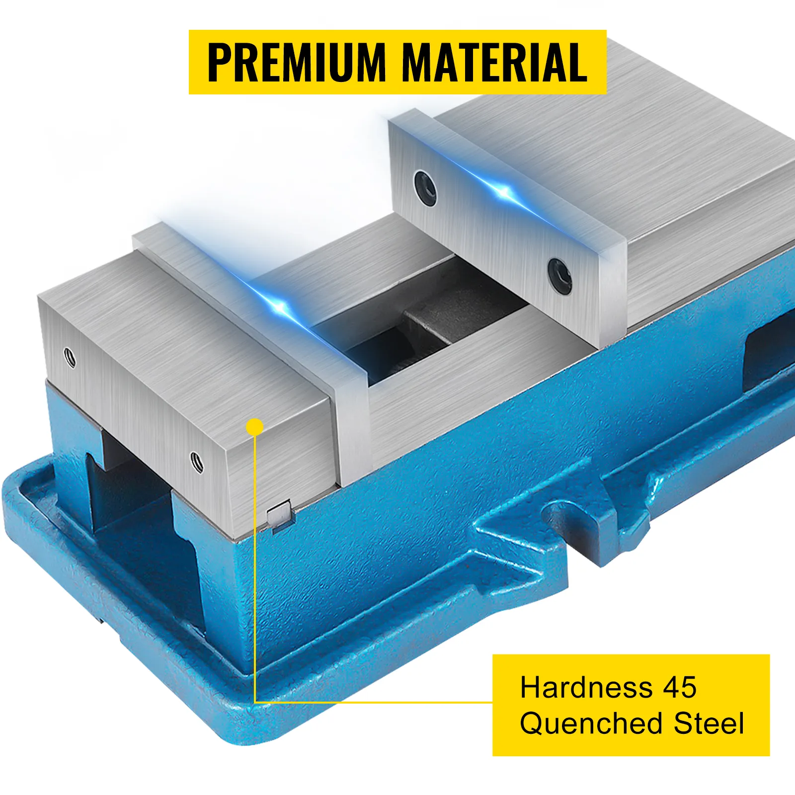 VEVOR milling vise in blue with premium material, hardness 45 quenched steel.
