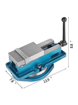 Tornillo de banco para fresadora VEVOR con mango, base azul y dimensiones de tamaño etiquetadas.