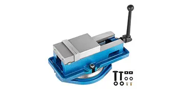 Tornillo de banco para fresadora VEVOR azul con mango, accesorios y base giratoria.