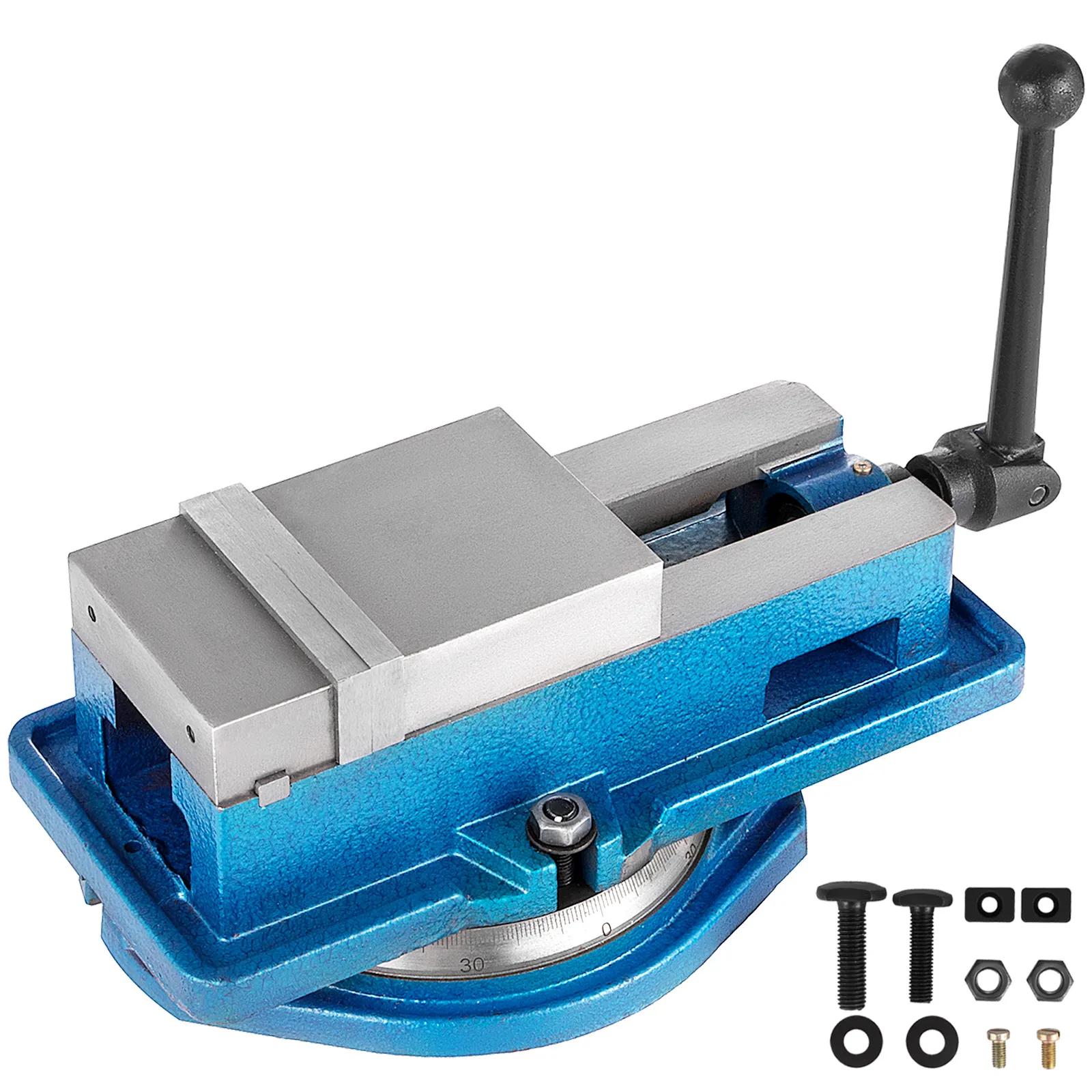Tornillo de banco para fresadora VEVOR azul con mango ajustable y herrajes de montaje incluidos.