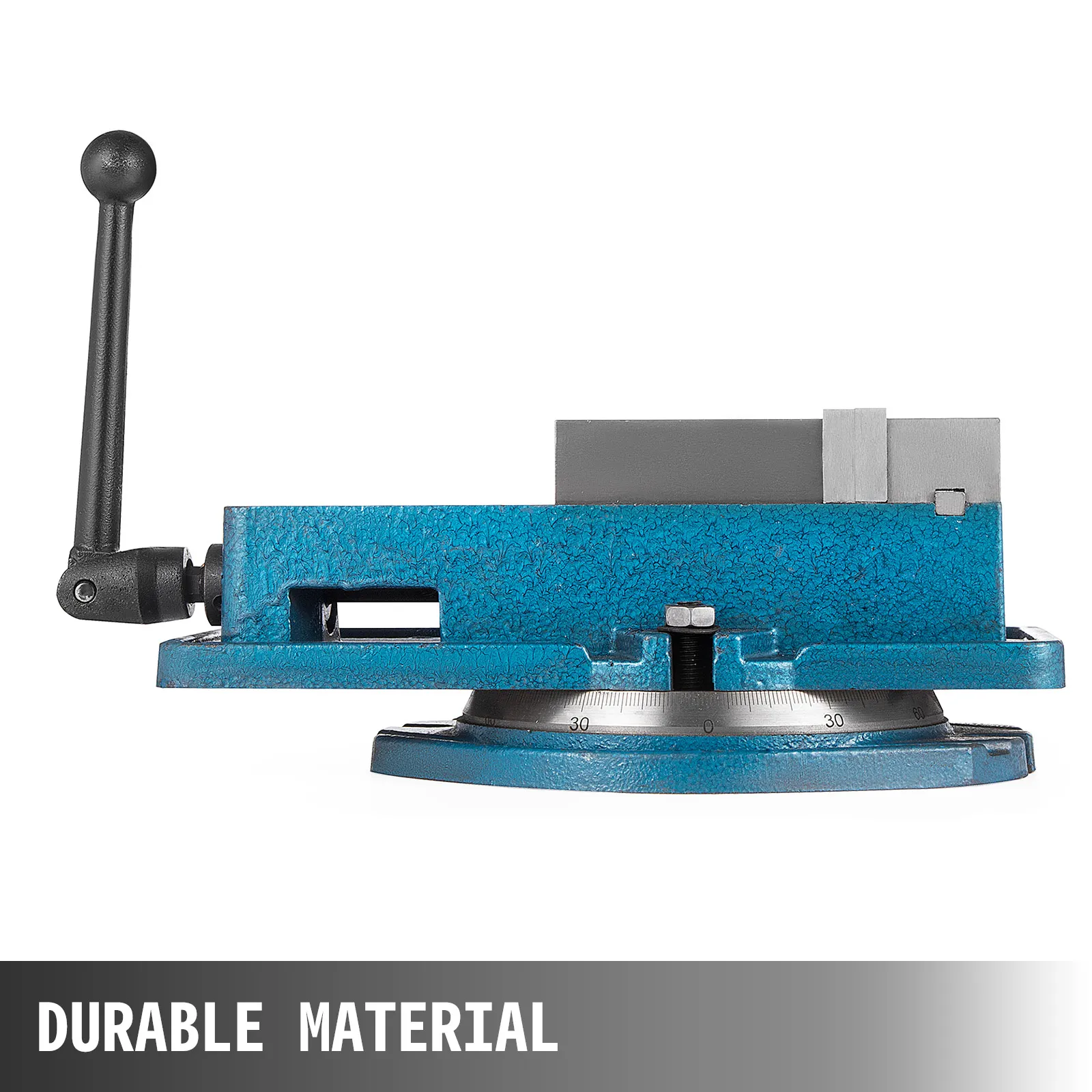 Tornillo de banco para fresadora VEVOR en color azul con base giratoria y etiqueta de material duradero.