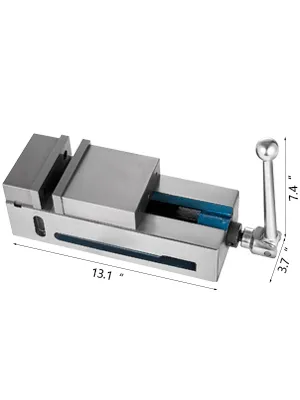 Tornillo de banco para fresadora VEVOR con mango, dimensiones etiquetadas 13,1", 3,7", 7,4".