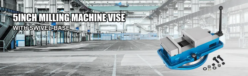VEVOR milling vise with swivel base in an industrial warehouse setting.