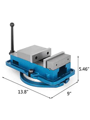 VEVOR milling vise with measurements, blue base, and adjustable jaws. dimensions: 13.8" x 9" x 5.46".