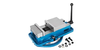 blue VEVOR milling vise with handle, bolts, and washers on white background.
