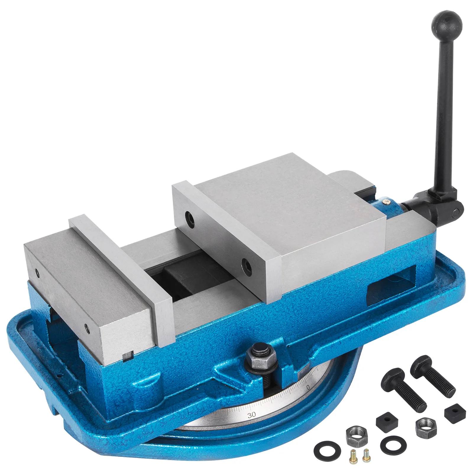 blue VEVOR milling vise with handle and bolts on white background