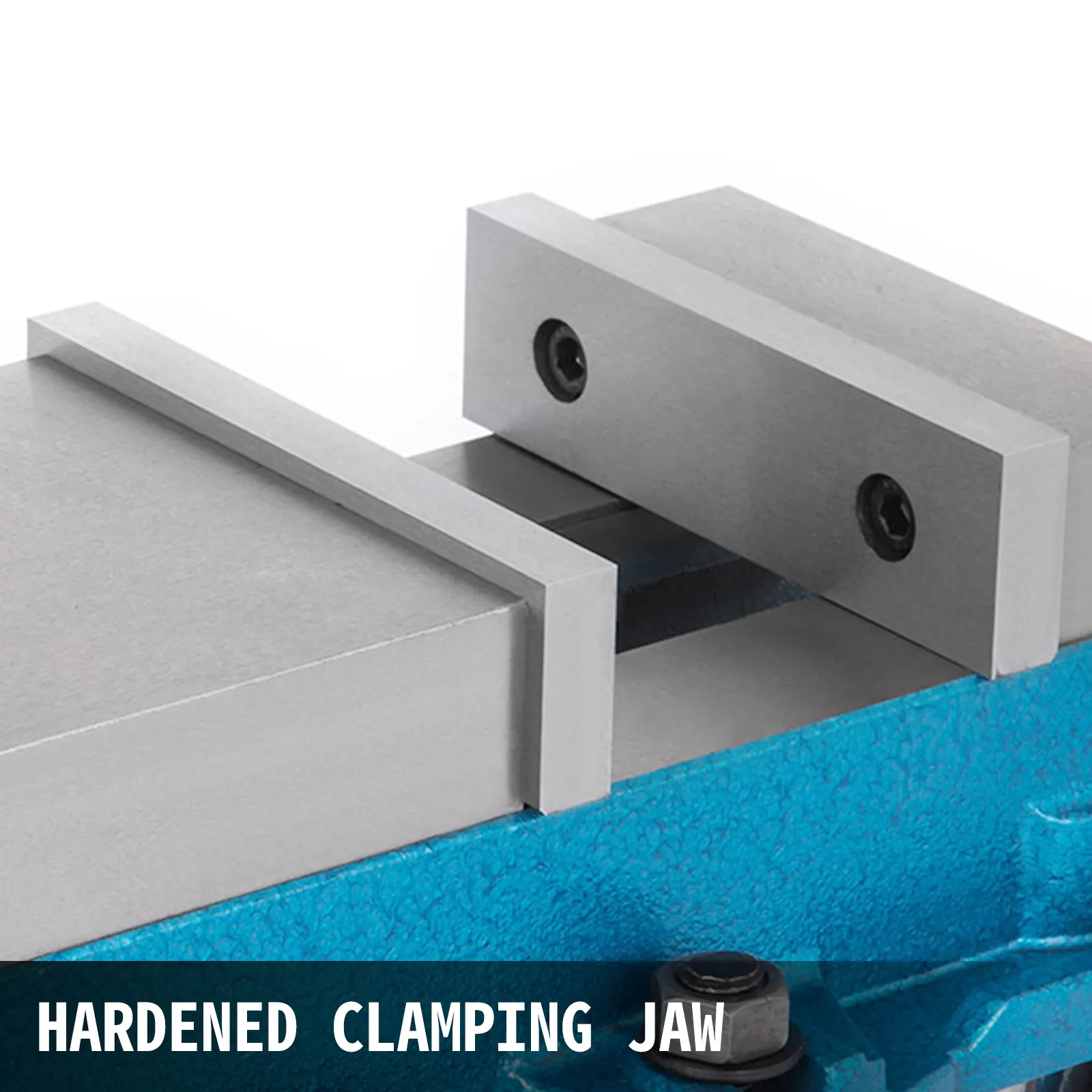 VEVOR milling vise with a durable hardened clamping jaw in close-up view.