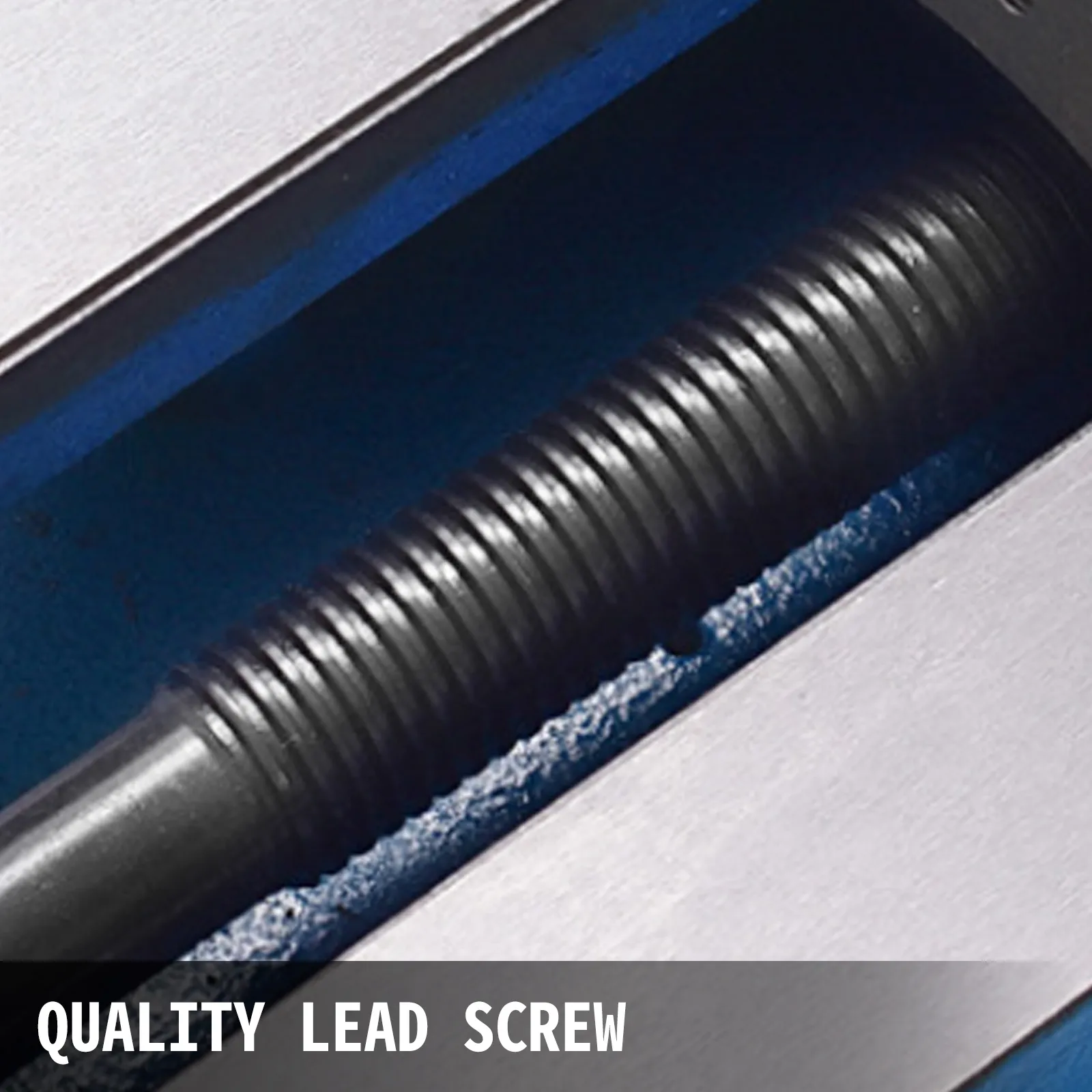 close-up of VEVOR milling vise quality lead screw with blue background.