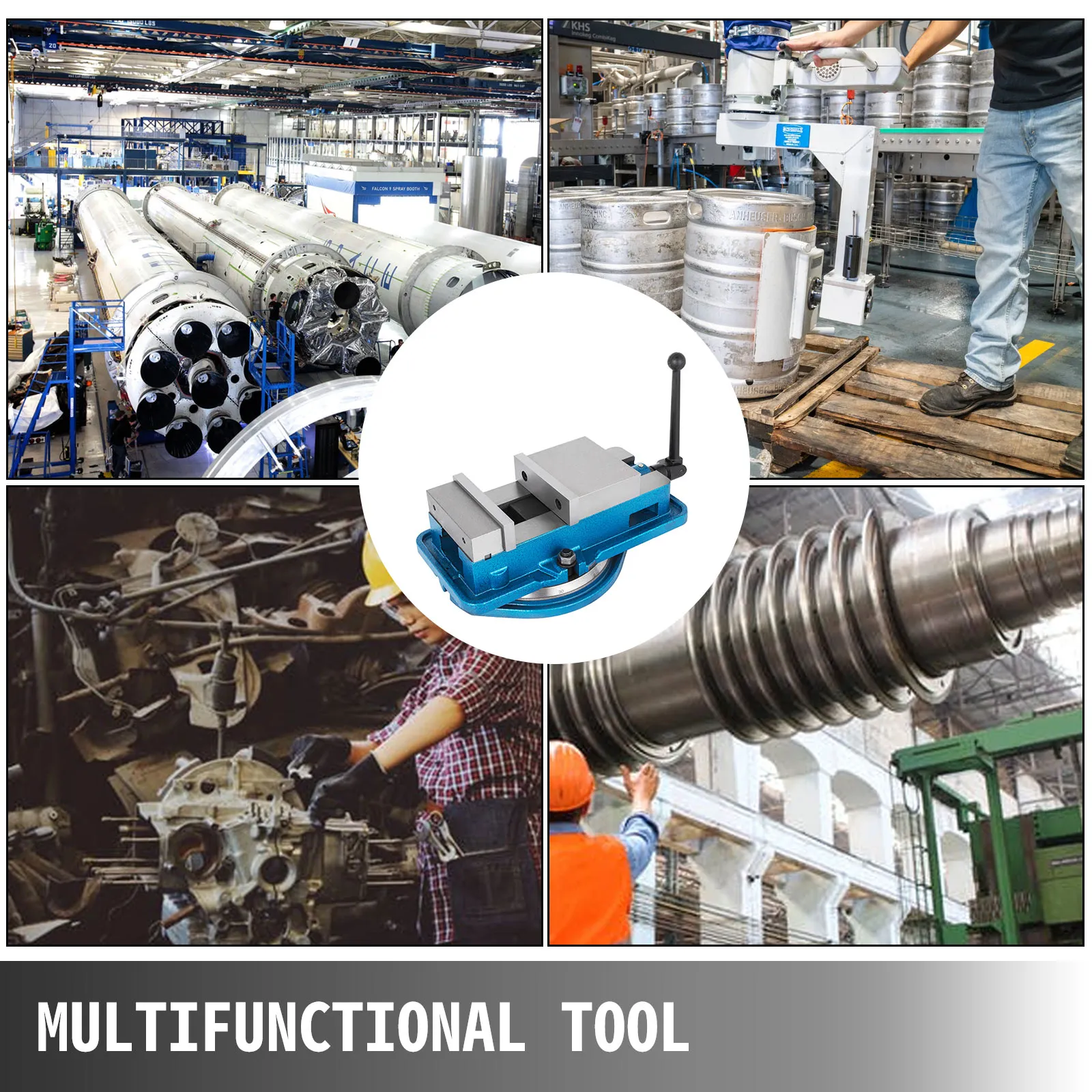 VEVOR milling vise in various industrial settings above "multifunctional tool".