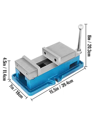 VEVOR cnc vise with dimensions: 15.5in x 7in x 4.5in, 8in handle in blue.