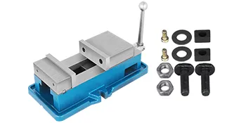 VEVOR cnc vise with accessories: bolts, washers, and nuts on a white background.