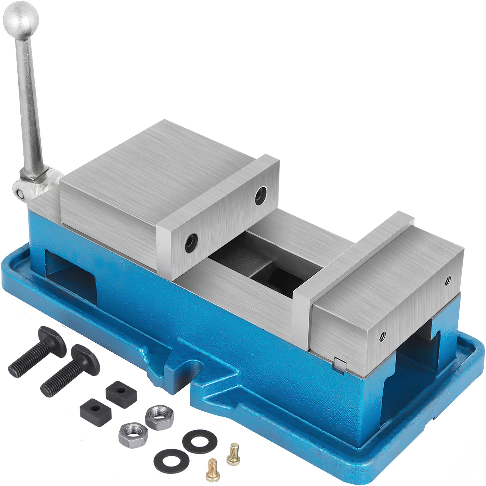 VEVOR cnc vise with blue base and silver jaws, including bolts and washers.
