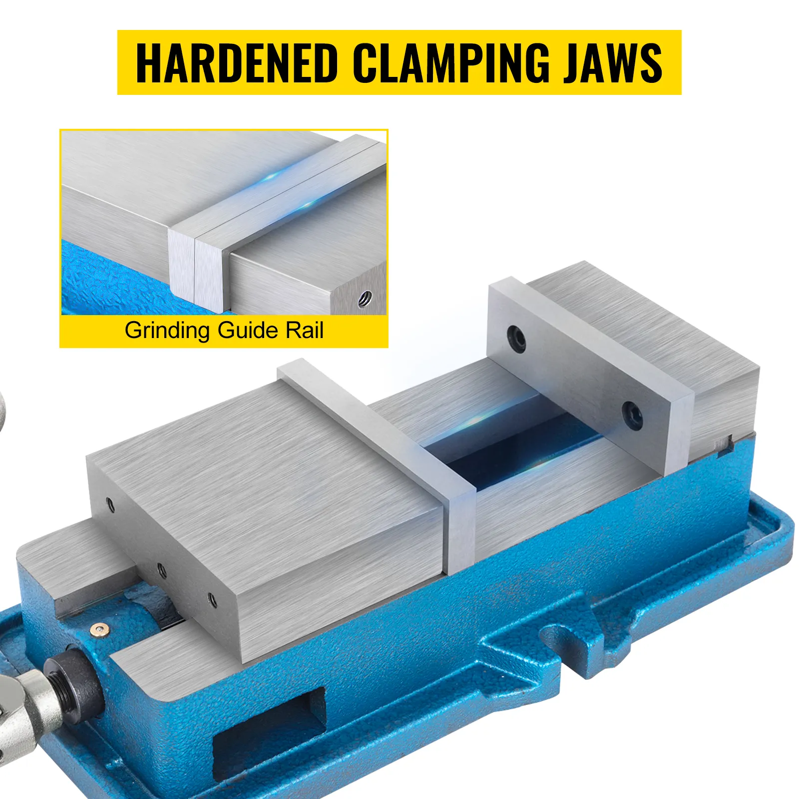 VEVOR cnc vise with hardened clamping jaws and grinding guide rail.