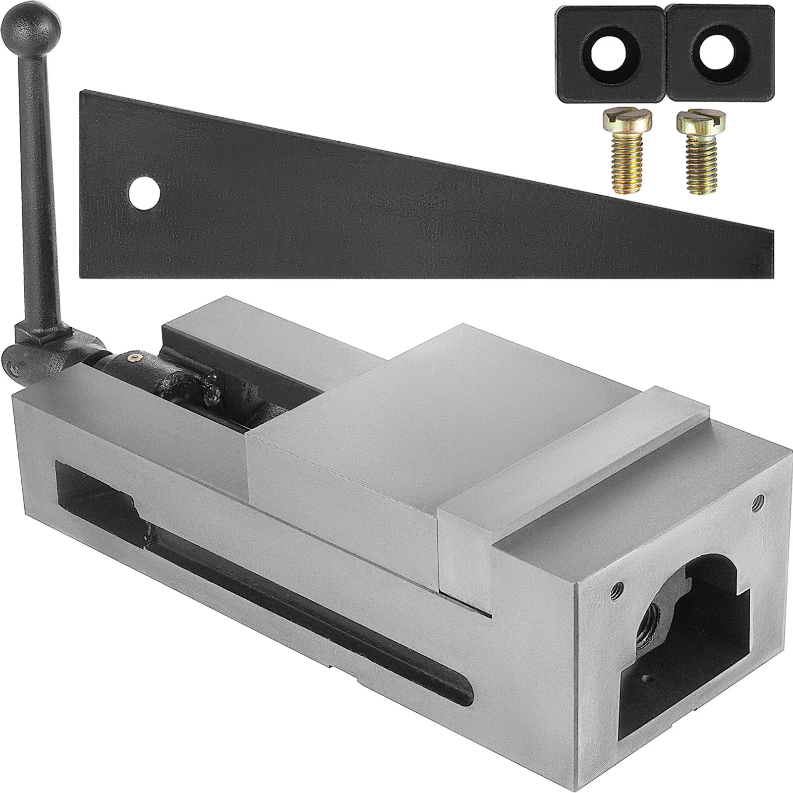 VEVOR milling vice with lever, mounting plate, and hardware screws.