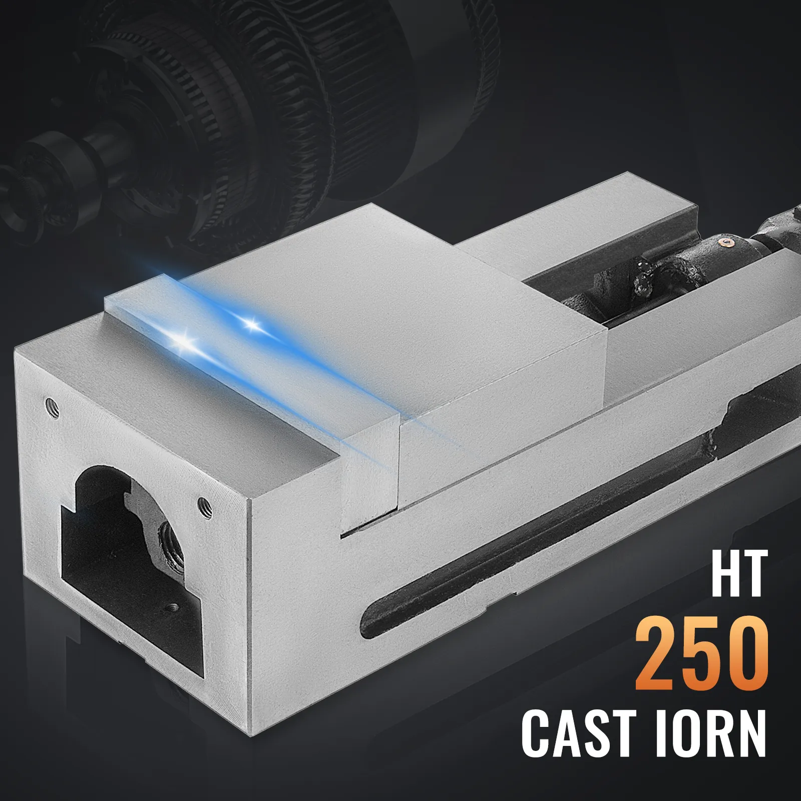 VEVOR milling vice ht250 cast iron with blue highlights and mechanical parts.