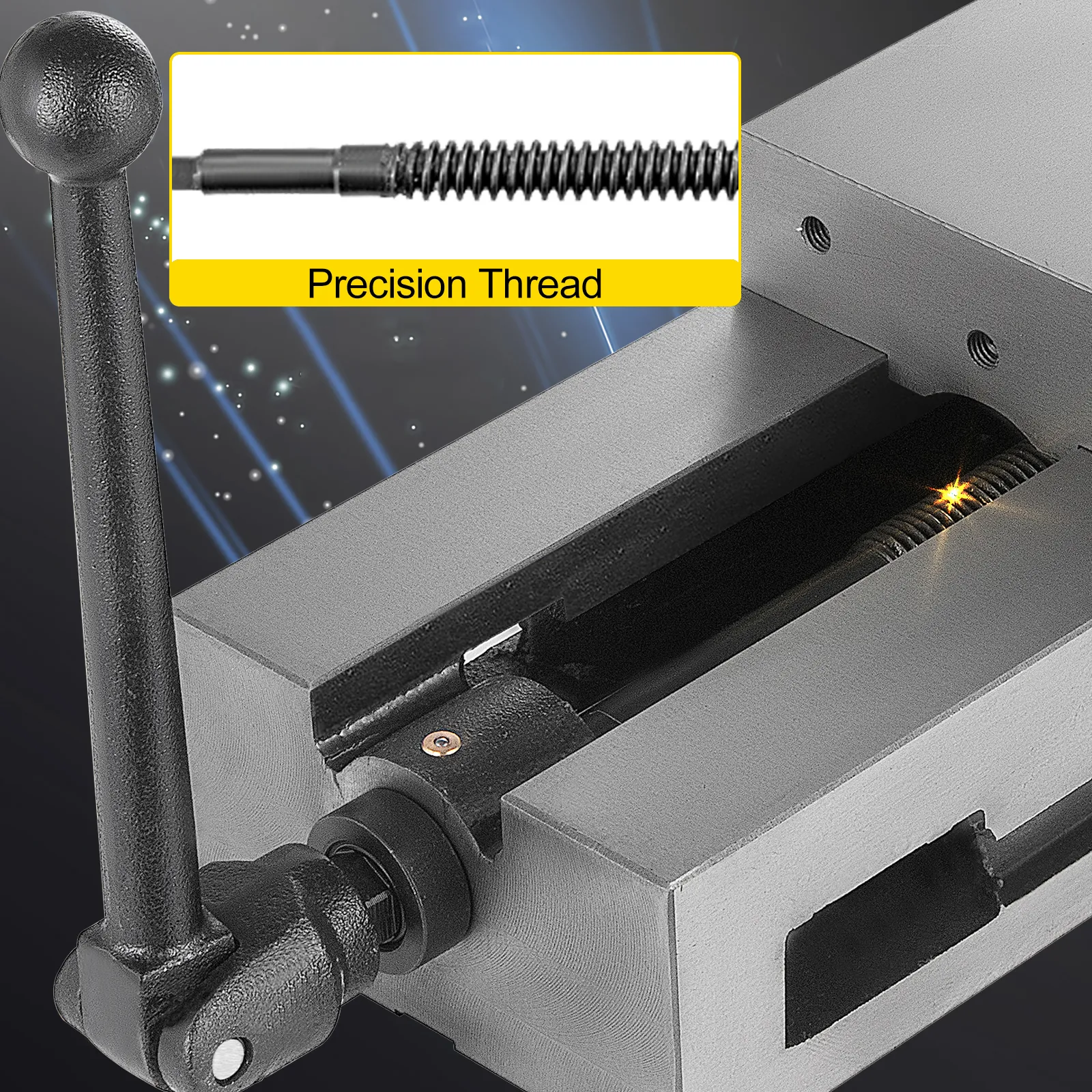 VEVOR milling vice showing precision thread and adjustment handle.