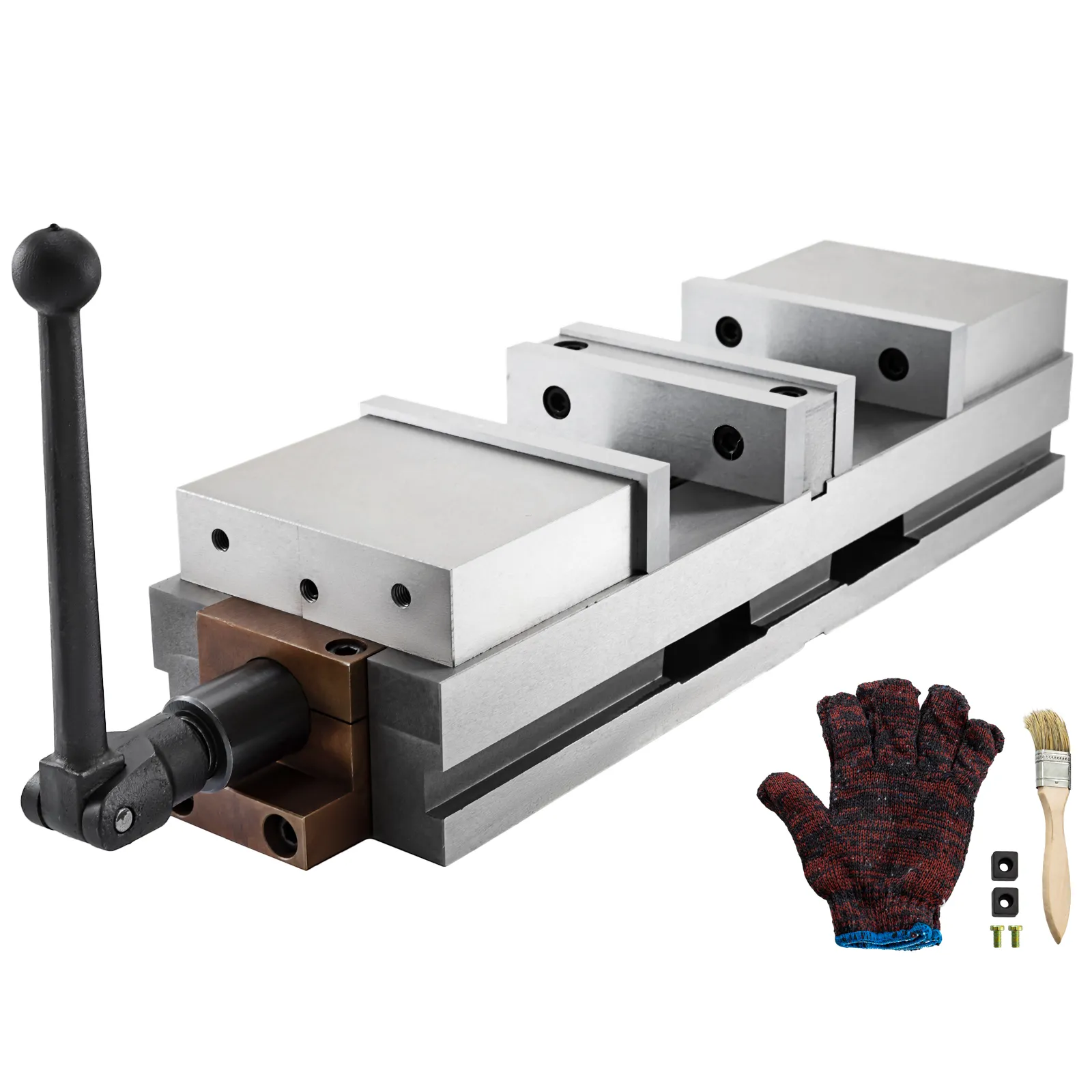 Tornillo de banco doble CNC VEVOR con accesorios: guante, cepillo, pernos y arandelas.