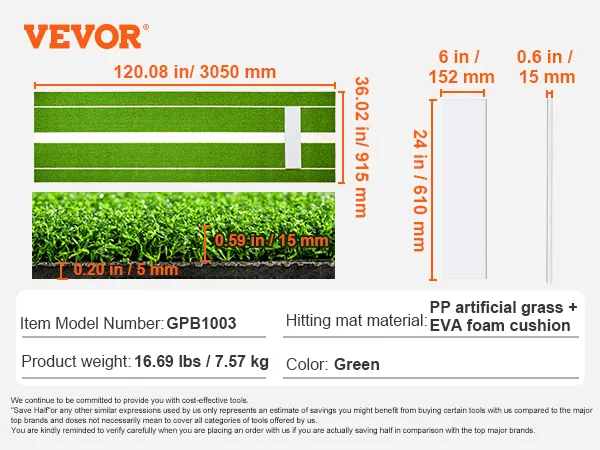 Dimensiones de la alfombrilla de lanzamiento de softbol VEVOR: 120,08 x 36,02 pulgadas, hecha de césped artificial PP y cojín de espuma EVA.