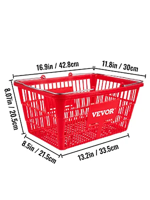 red VEVOR shopping basket with metal handles, dimensions: 16.9"x13.2"x8.07".