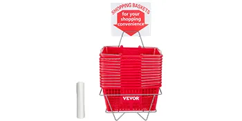 red VEVOR shopping basket stack with sign, wire stand, and a white cylindrical item beside it.