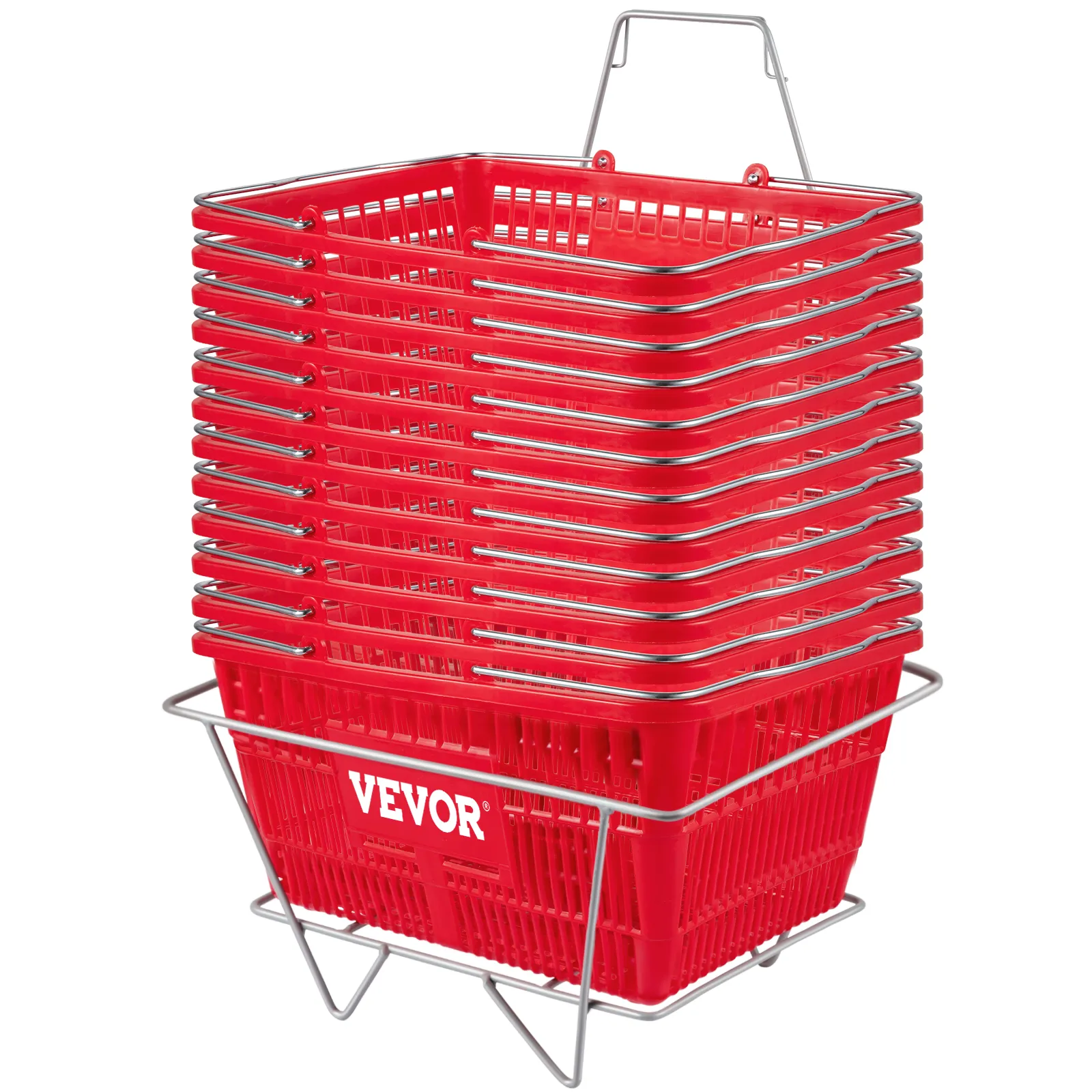 stack of red VEVOR shopping baskets in a metal frame holder.