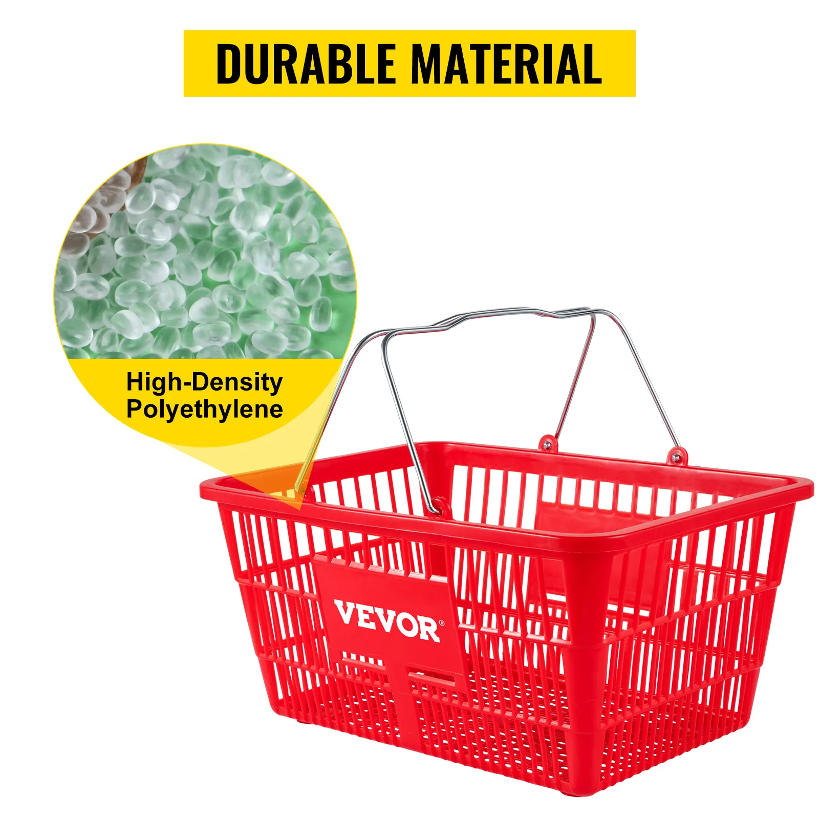 VEVOR shopping basket in red, made of high-density polyethylene with a metal handle, labeled "durable material".