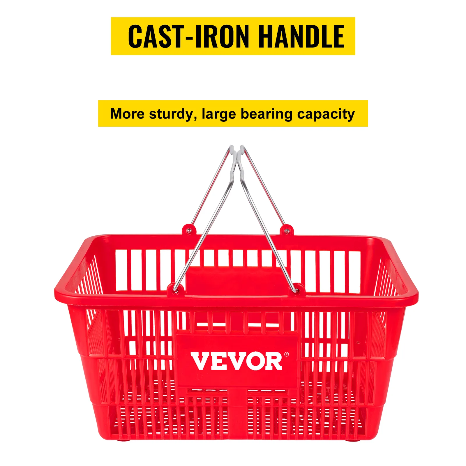 VEVOR shopping basket with cast-iron handle, sturdy design, and large bearing capacity in red.