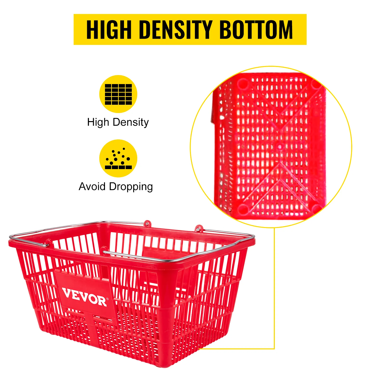 red VEVOR shopping basket with high density bottom to avoid dropping items.