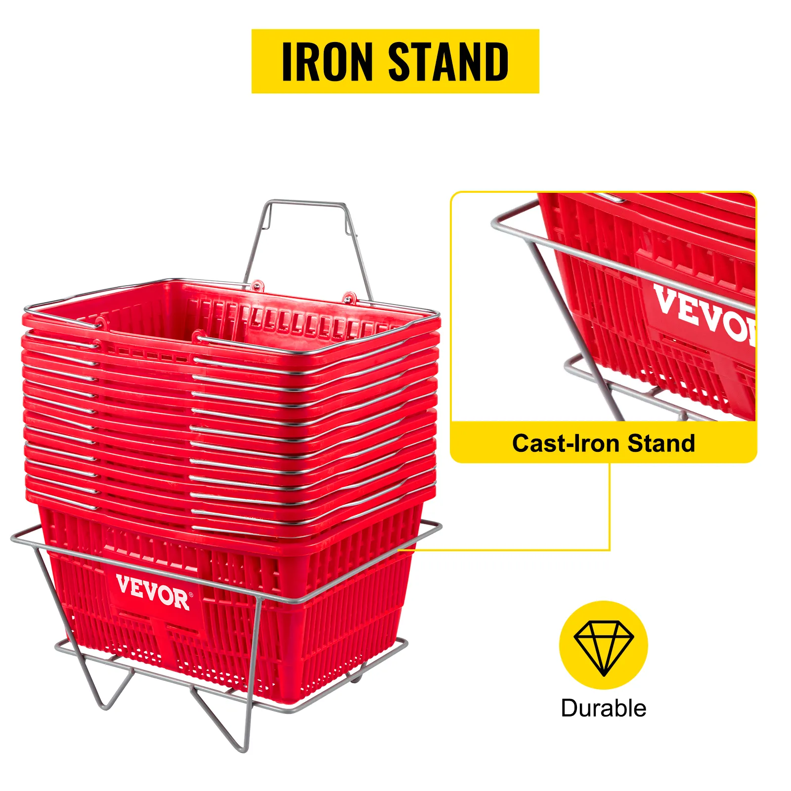 red VEVOR shopping baskets stacked on a durable cast-iron stand with a yellow "iron stand" label.