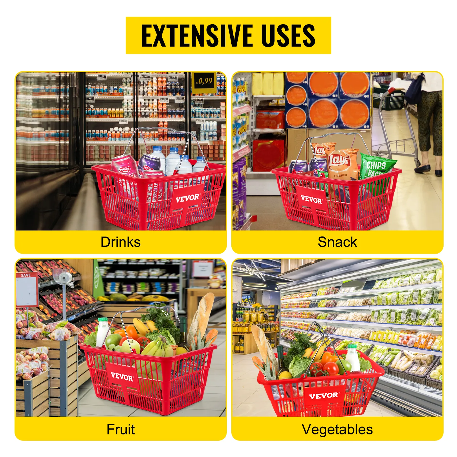 VEVOR shopping basket showcasing extensive uses for drinks, snacks, fruit, and vegetables.