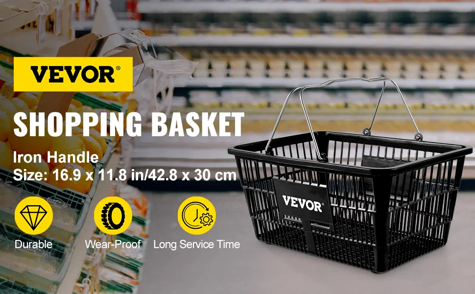 VEVOR shopping basket with iron handles in a supermarket, featuring durability, wear-proof, and long service time.