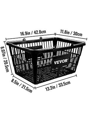 black VEVOR shopping basket with dimensions labeled 16.9x11.8x8x13.2x8.5 inches.