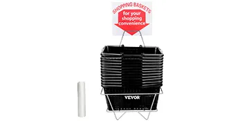 stacked VEVOR shopping baskets with a sign for shopping convenience, placed next to a white cylinder.