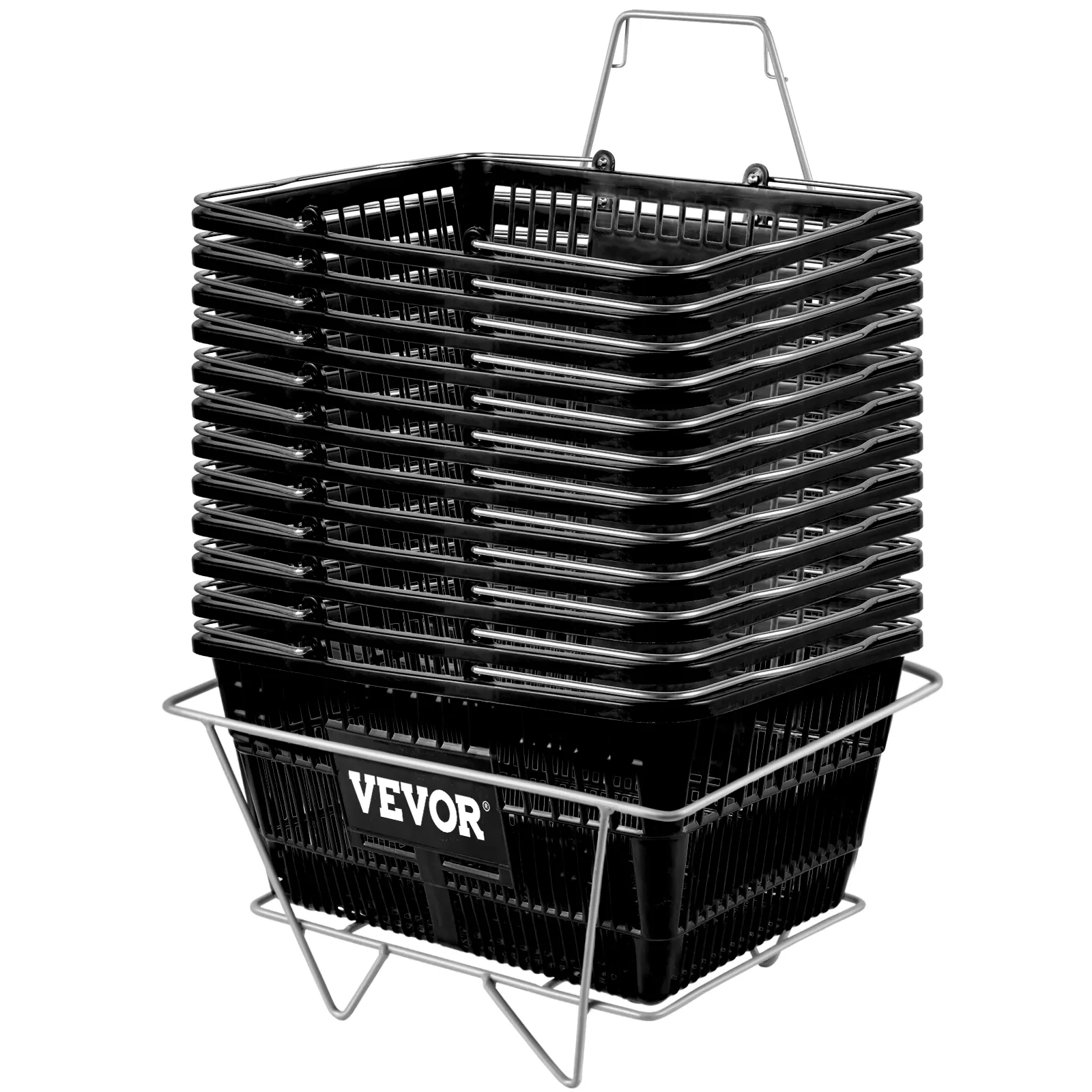 stack of black VEVOR shopping baskets in a metal holder, each basket featuring the VEVOR logo.
