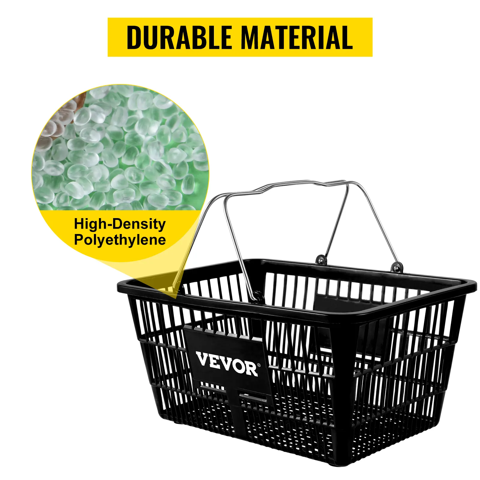 VEVOR shopping basket made of high-density polyethylene with metal handles, labeled "durable material".