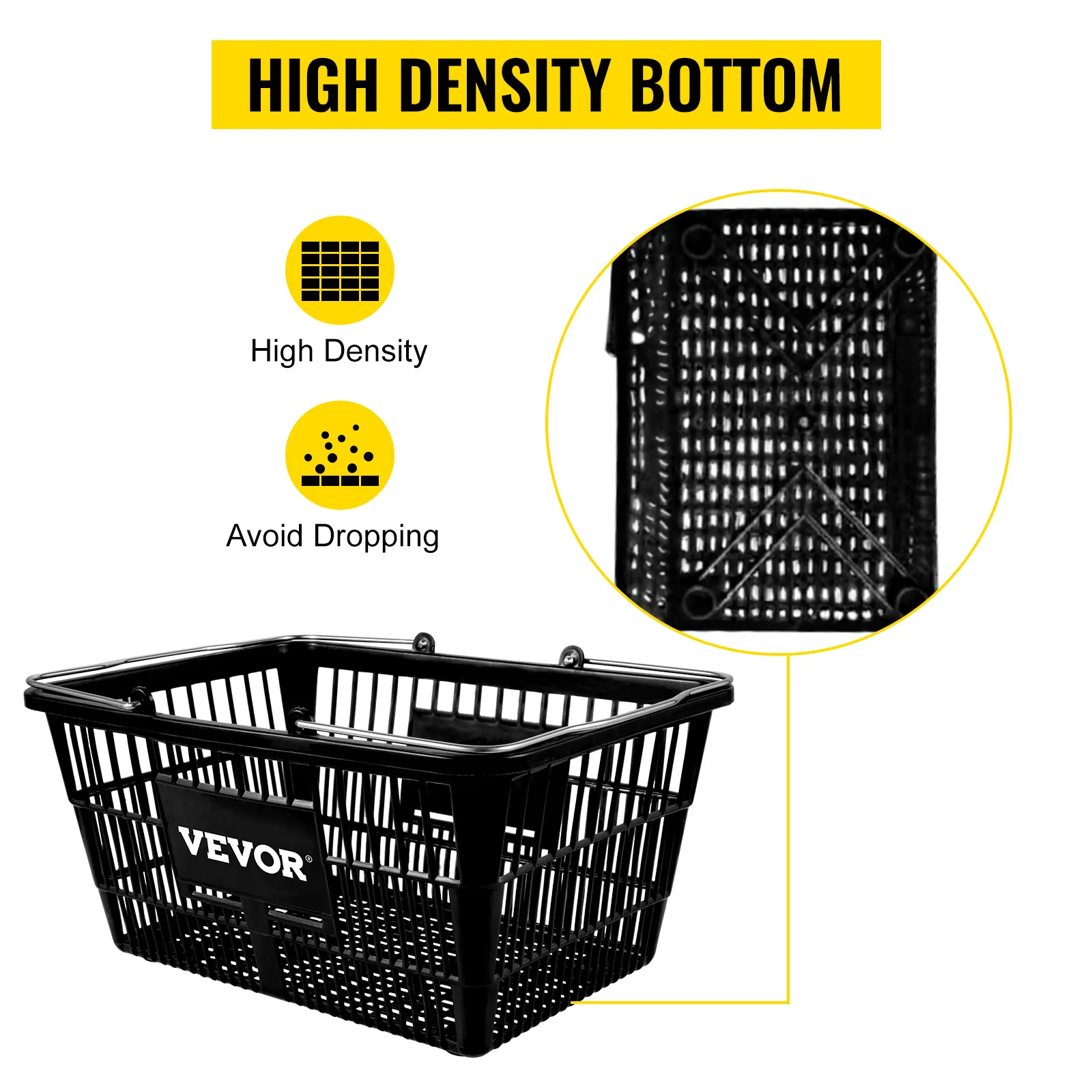 VEVOR shopping basket with high-density bottom to avoid dropping items, black plastic construction.