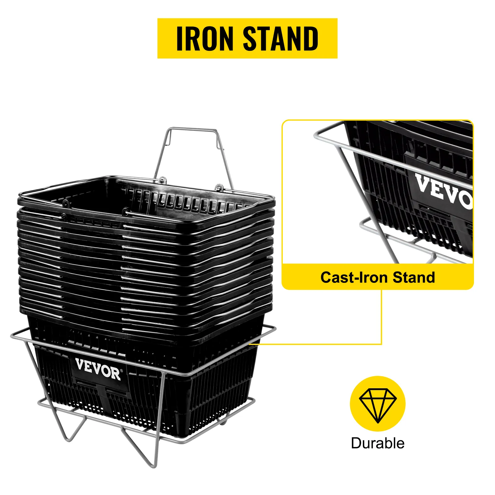 VEVOR shopping baskets stacked on a durable cast-iron stand with a handle.