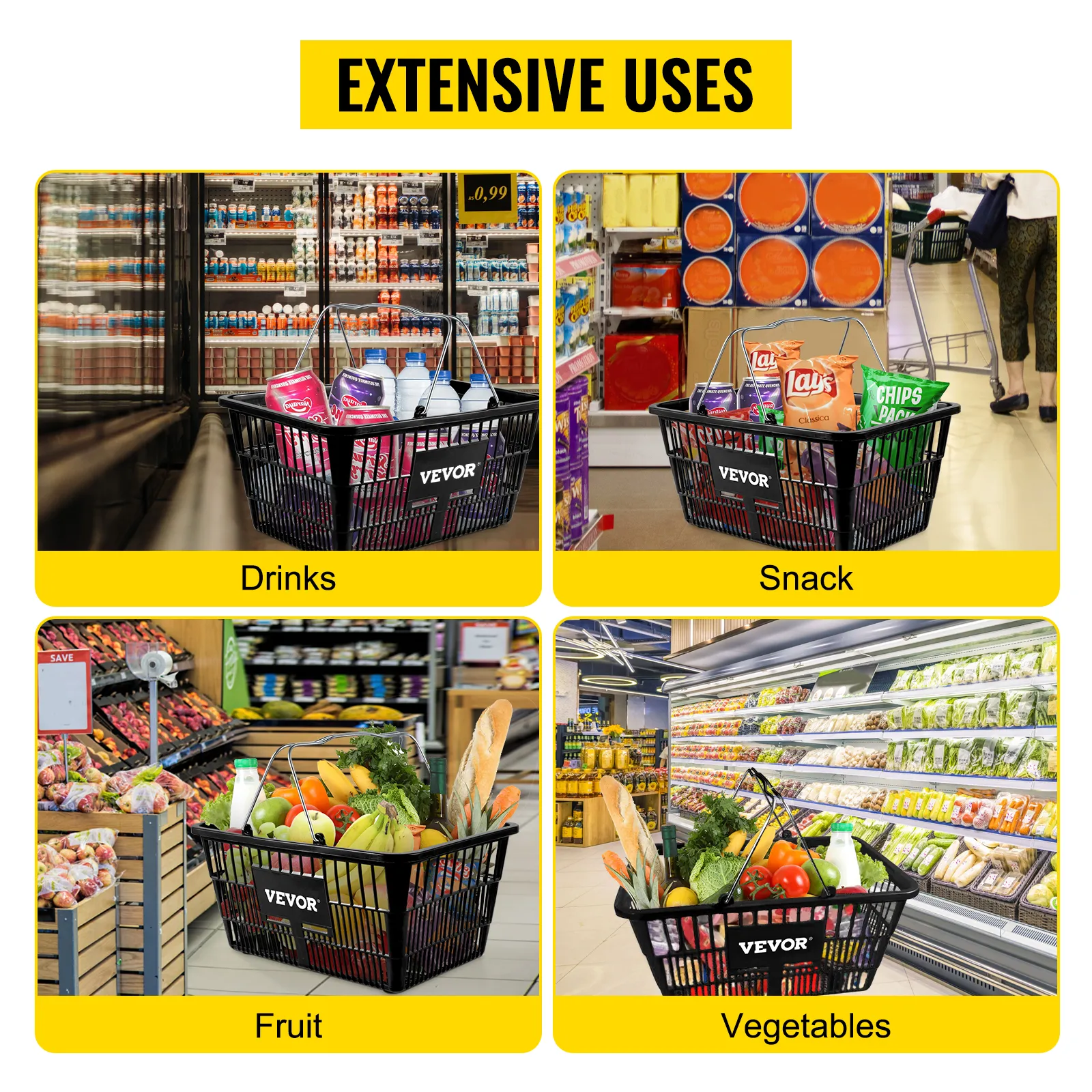 VEVOR shopping basket in a store with drinks, snacks, fruit, and vegetables, showcasing extensive uses.