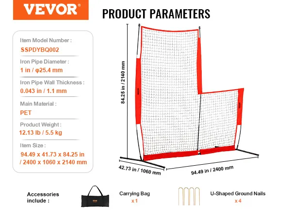 VEVOR baseball safety screen with dimensions, carrying bag, and u-shaped ground nails.