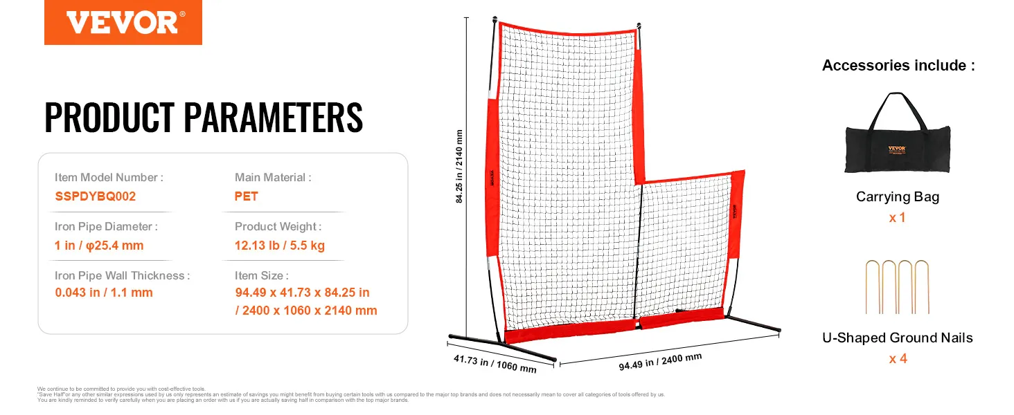 VEVOR baseball safety screen with dimensions, carrying bag, and u-shaped ground nails.
