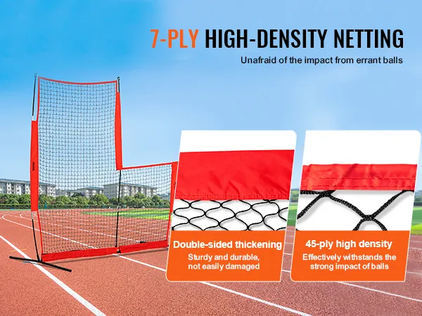 VEVOR baseball safety screen with 7-ply high-density netting, reinforced edging, and double stitching.
