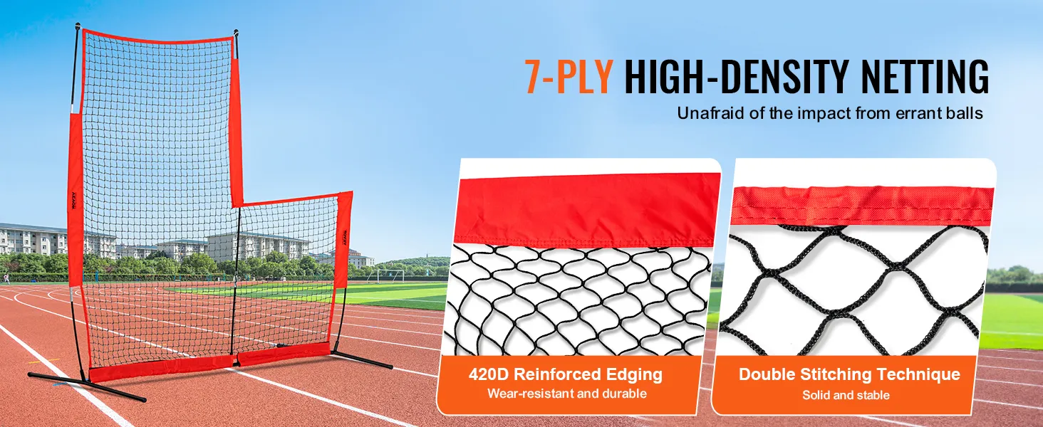 VEVOR baseball safety screen with 7-ply high-density netting, reinforced edging, and double stitching.