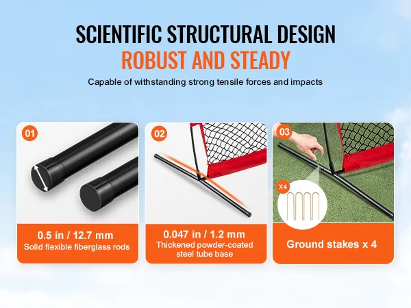 VEVOR baseball safety screen features durable fiberglass rods, powder-coated steel base, and ground stakes.
