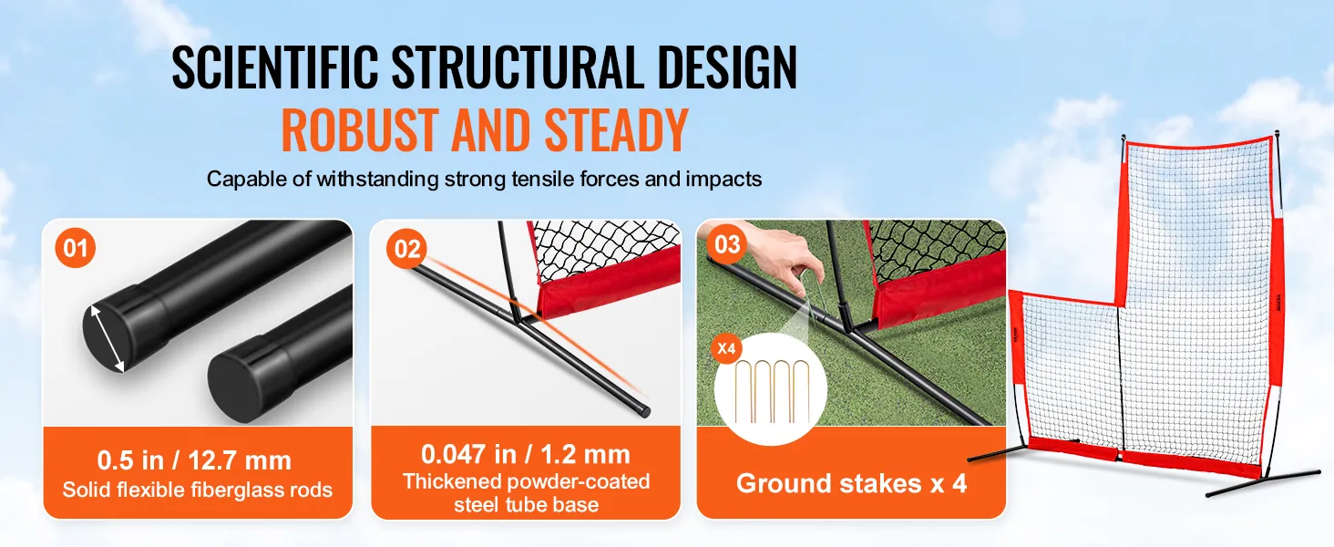 VEVOR baseball safety screen features durable fiberglass rods, powder-coated steel base, and ground stakes.